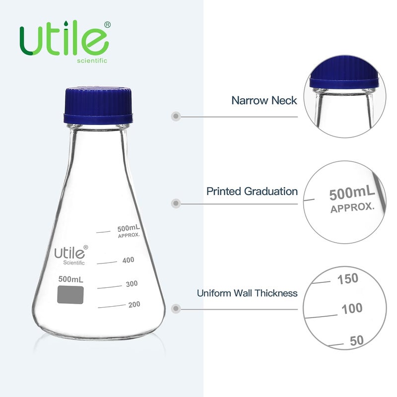 UTILE 2 Pcs 500ml Glass Erlenmeyer Flask with Blue Cap, Narrow Mouth Erlenmeyer Flasks, Borosilicate 3.3 Glass Conical Flask for Lab Experiment Chemistry Science,4016.0771.2 - Image 4